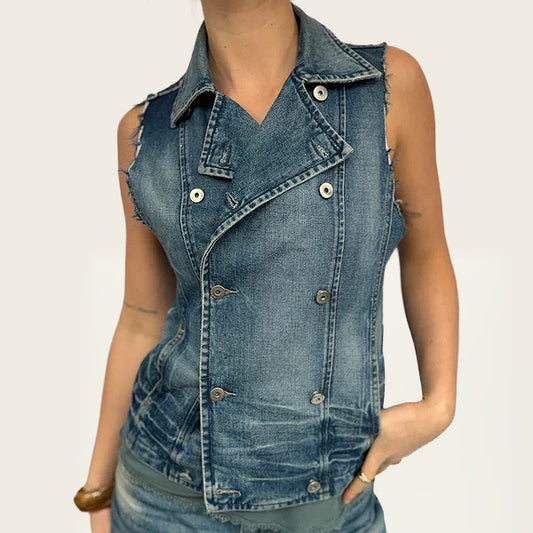 CPS denim gilet met distressed mouwen
