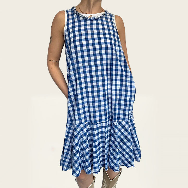 Vintage geruite blauw-witte katoenen jurk